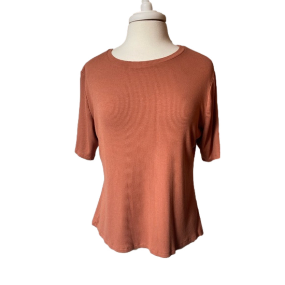 Nine West Women's 1X‎ Boho Soft Spun Ribbed Short Sleeve Terra Cotta Fitted Top